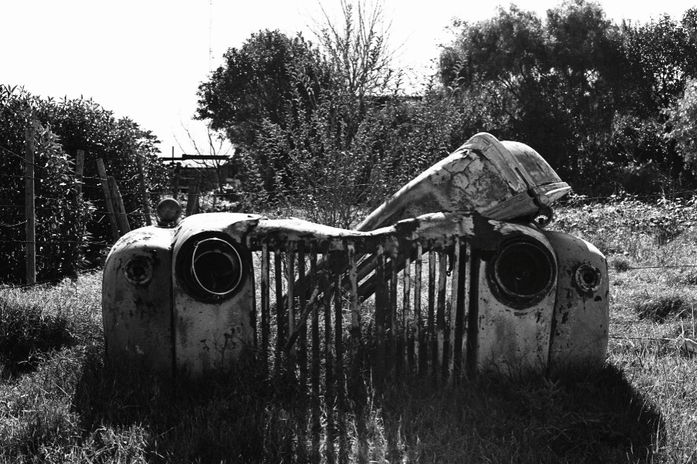 An abandoned car rotting away in a yard 