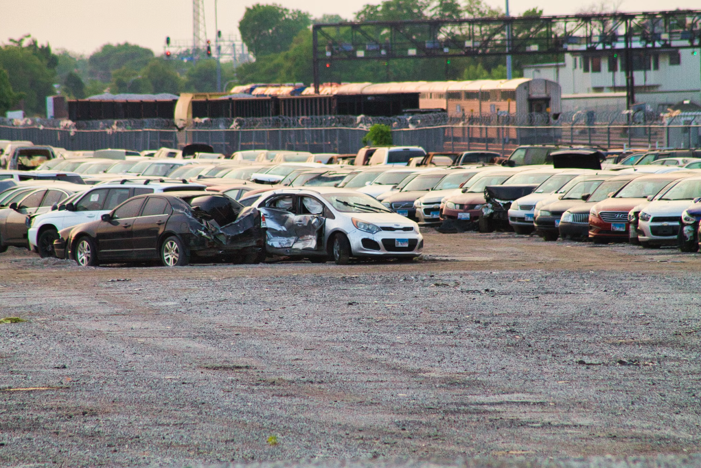 Junkyard cars lined up.