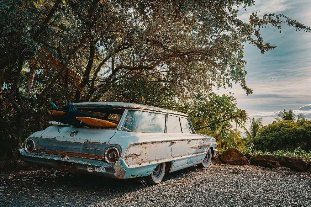 An old blue car rusting away under the shade of a tree