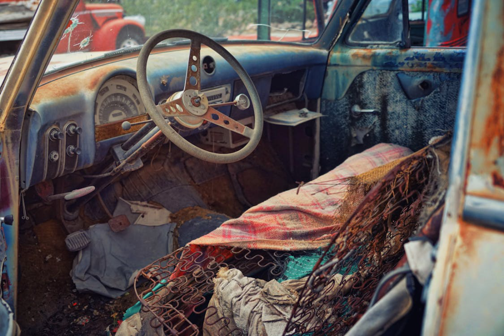 The interior of a junk car